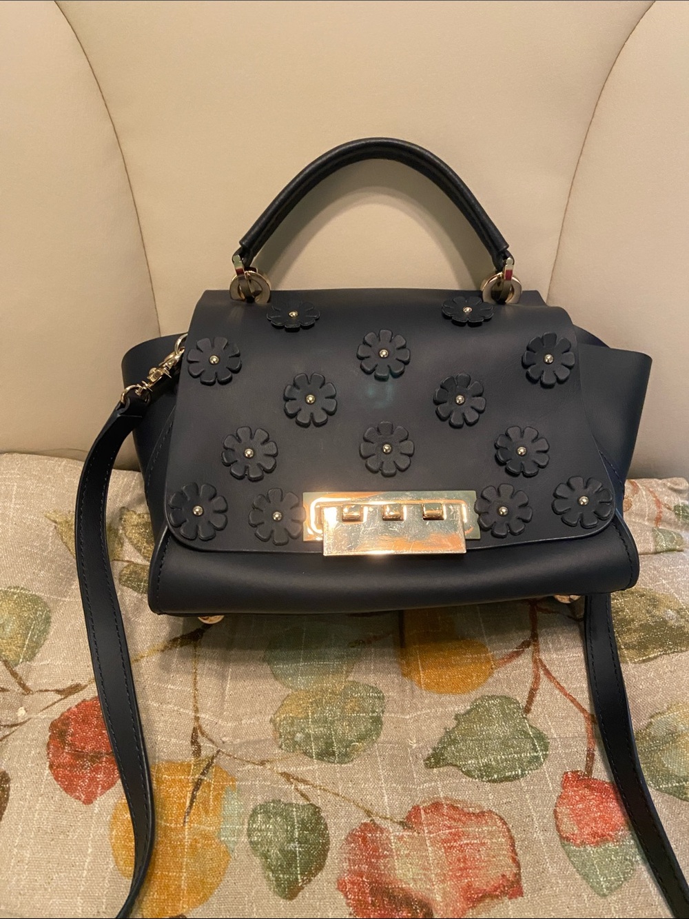 Zac Posen Navy Floral Appliqué Crossbody with Gold Hardware (Good condition)